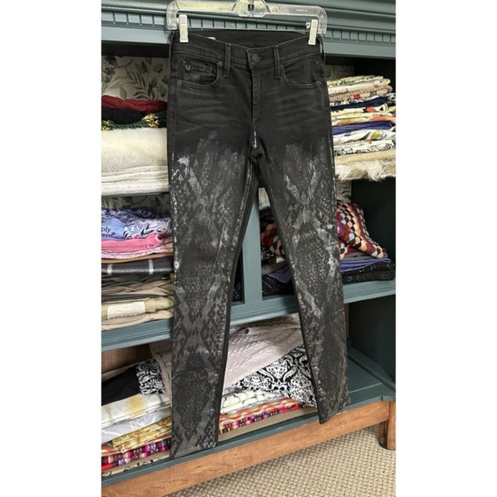 TRUE RELIGION JEANS HALLE SUPER SKINNY BLACK VENOM IRIDESCENT SIZE 24 - Picture 2 of 7